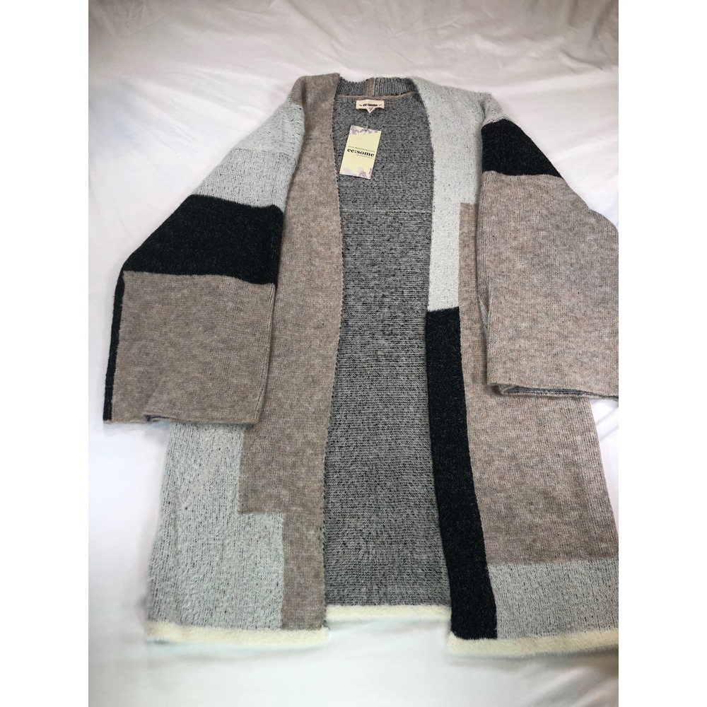 Ee:some Colorblock Open Front Cardigan Sweater Grey Tan Black NWT S/M